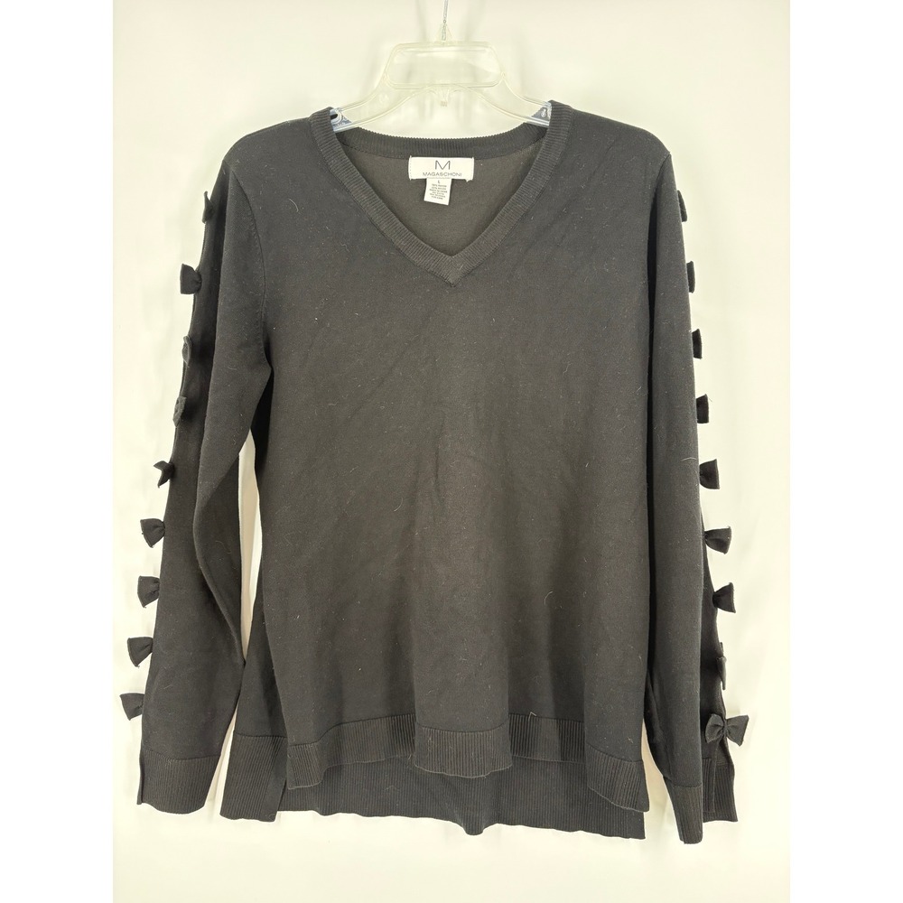 Magaschoni Black V Neck Sweater Long Sleeve Bow Detail Womens Size L‎